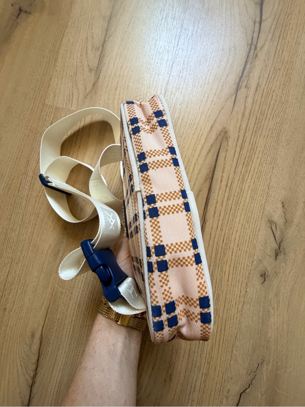Thread Peach Plaid Crossbody Belt Bag with Navy Accents - Picture 5 of 5